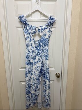 Fashion Nova White Maxi Dress with Blue Floral Print